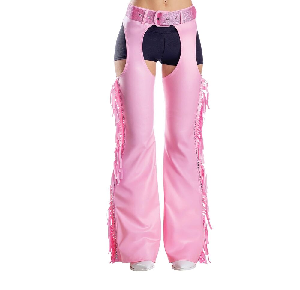 6437 Pink Fringe Chaps with Glitter Belt – Western Costume Accessory